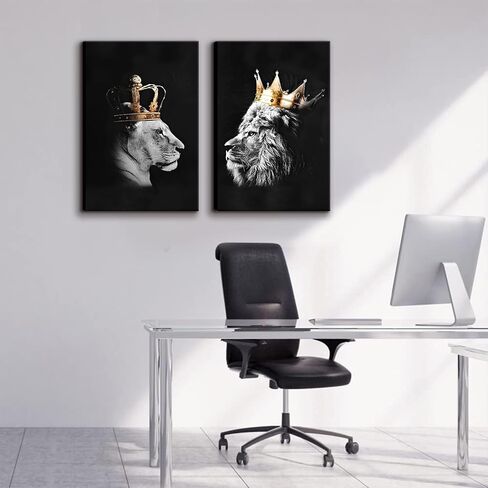 BJVJKSU Black and White Lion Wall Art - King and Queen Lioness Canvas Wall Decor with Gold Crown - Wild Animal Couple Prints Ready to Hang (12x16in) in Saudi Arabia