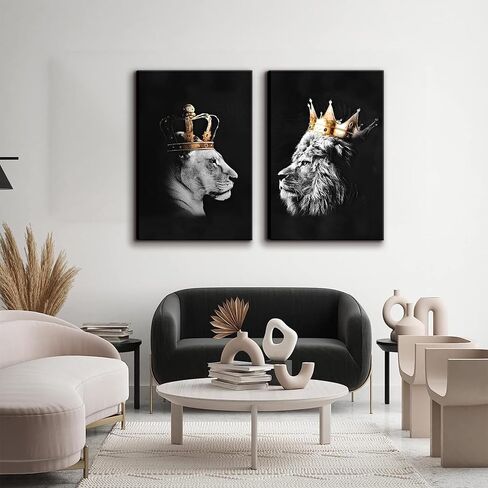 BJVJKSU Black and White Lion Wall Art - King and Queen Lioness Canvas Wall Decor with Gold Crown - Wild Animal Couple Prints Ready to Hang (12x16in) in Saudi Arabia