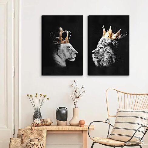 BJVJKSU Black and White Lion Wall Art - King and Queen Lioness Canvas Wall Decor with Gold Crown - Wild Animal Couple Prints Ready to Hang (12x16in) in Saudi Arabia
