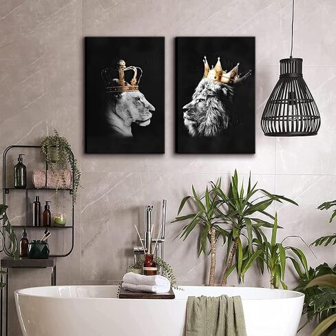 BJVJKSU Black and White Lion Wall Art - King and Queen Lioness Canvas Wall Decor with Gold Crown - Wild Animal Couple Prints Ready to Hang (12x16in) in Saudi Arabia