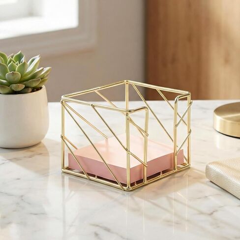 Sticky Note Holder, Gold Desk Accessories, 3.8x3.8 Inches Functional Stylish Metal Notepads Memo Sticky Note Dispenser, Mesh Cube Gold Desk Organizer for Home School Office Supplies in Saudi Arabia
