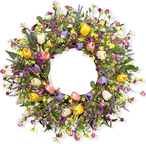 DIYFLORU 20 بوصة إكليل بيض عيد الفصح الملون إكليل عيد الفصح الاصطناعي لإكليل بيض الباب الأمامي مع التوت الملون والأوراق الخضراء لديكور المنزل في ربيع عيد الفصح in Kuwait