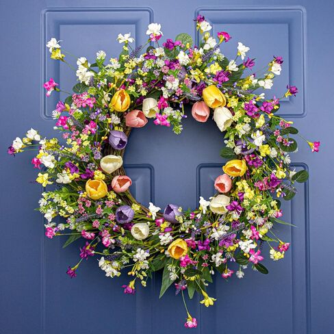 DIYFLORU 20 بوصة إكليل بيض عيد الفصح الملون إكليل عيد الفصح الاصطناعي لإكليل بيض الباب الأمامي مع التوت الملون والأوراق الخضراء لديكور المنزل في ربيع عيد الفصح in Kuwait