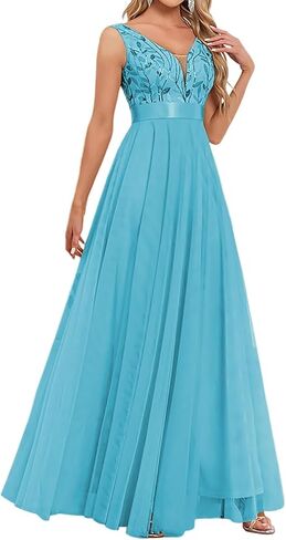 Women's Sequin Formal Dress A-Line Tulle V Neck Sleeveless Long Evening Gowns Wedding Guest Dress in Saudi Arabia