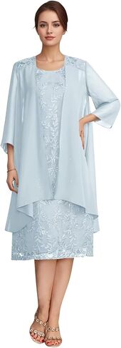 Elegant Lace Mother of The Bride Dresses with Jacket Women's Tea-Length Chiffon Wedding Guest Dress in Kuwait