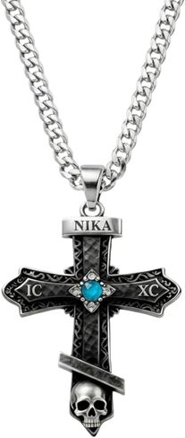 S925 Sterling Silver Orthodox Golgotha Cross Necklace for Men, IC XC NIKA Skull Crucifix Pendant, Edgy Byzantine Religious Jewelry, Spiritual Protection Gift-22+2"/ Black in Saudi Arabia
