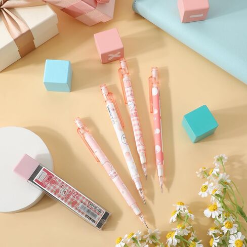 TIESOME Cute Pencil & Lead Refill Set, 4 Pcs Mechanical Pencil Cute, Peach 4 Mechanical Pencils Set for School, Office, Drawing and Gift (with 0.5mm Refills, Pink) in Kuwait