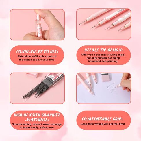 TIESOME Cute Pencil & Lead Refill Set, 4 Pcs Mechanical Pencil Cute, Peach 4 Mechanical Pencils Set for School, Office, Drawing and Gift (with 0.5mm Refills, Pink) in Kuwait