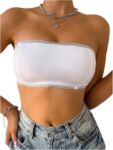GORGLITTER Women's Rhinestone Strapless Bra Push Up Crossover Side Closure Non Slip Wireless Padded Bandeau Tube Tops in Saudi Arabia