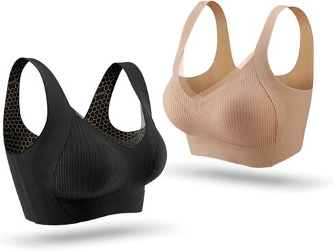 حمالة صدر مريحة لاسلكية متوسطة الحجم من MisSlimBra، أسود، بيج، تنعيم الظهر، تقنية Hexaslim، تقلل من قياس الظهر، وتعزز شكل الكوب وترفعه، وتخفي انتفاخات حمالة الصدر (بيج) in Kuwait