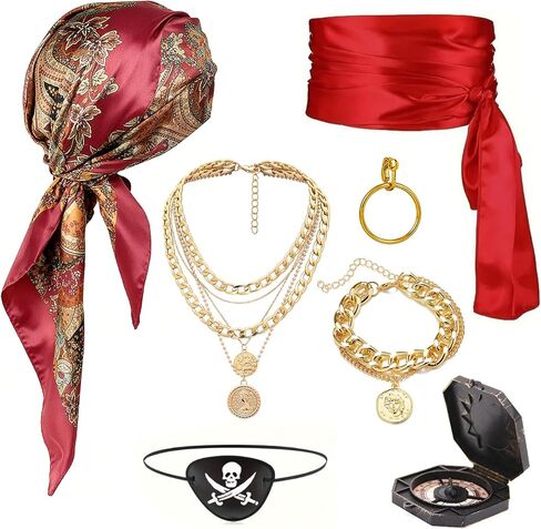 7pcs Adult Pirate Costume Accessories Set, Red Hat with Scarf, Belt and Sash, Halloween Party Dress Up Kit for Men and Women in Saudi Arabia