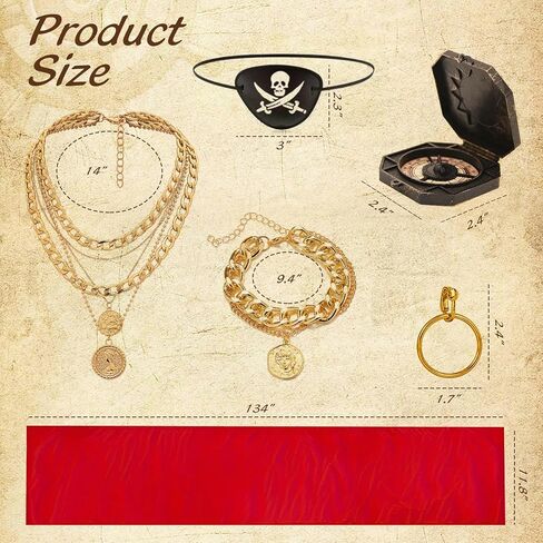 7pcs Adult Pirate Costume Accessories Set, Red Hat with Scarf, Belt and Sash, Halloween Party Dress Up Kit for Men and Women in Saudi Arabia