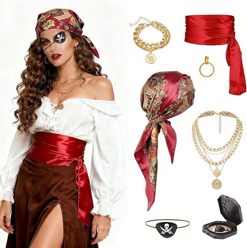 7pcs Adult Pirate Costume Accessories Set, Red Hat with Scarf, Belt and Sash, Halloween Party Dress Up Kit for Men and Women in Saudi Arabia