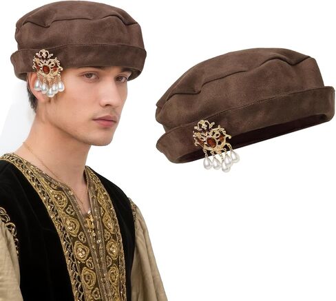 Medieval Tudor Beret Hat Renaissance Cap with Brooch Men Women Vintage Classic Costume Accessories in Saudi Arabia