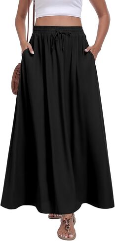 تنورة Yincro النسائية الطويلة ذات الثنيات المرنة عالية الخصر، تنانير طويلة عصرية كاجوال مع جيوب in Kuwait