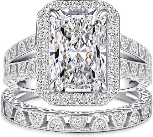 5CT Elongated Radiant Cut Wedding Ring Set for Women, White Gold Filled 925 Sterling Silver Vintage Filigree Wedding Band Halo Design Cubic Zirconia Engagement Ring Bridal Rings Sets, Size 5-9 in Saudi Arabia