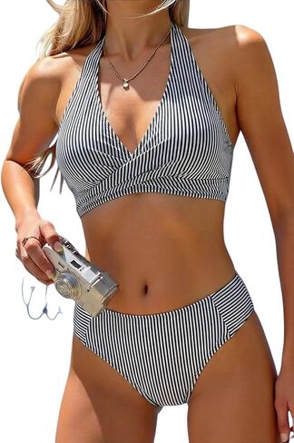 Fanuerg Women's Halter Bikini Sets Cross Twist Front Tie Back Two Piece Swimsuits Striped Mid Waist Swim Bathing Suit in Saudi Arabia