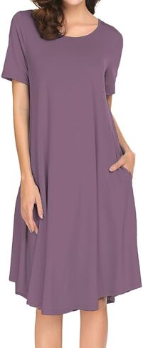 فستان Locryz نسائي قصير الأكمام وجيب سوينغ متوسط ​​الطول كاجوال فضفاض وفساتين تي شيرت in Kuwait