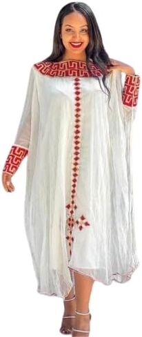Traditional Ethiopian Habesha Dress – Elegant White with Red Geometric Embroidery in Saudi Arabia