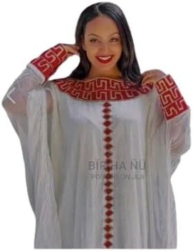 Traditional Ethiopian Habesha Dress – Elegant White with Red Geometric Embroidery in Saudi Arabia