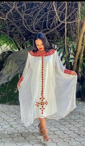 Traditional Ethiopian Habesha Dress – Elegant White with Red Geometric Embroidery in Saudi Arabia