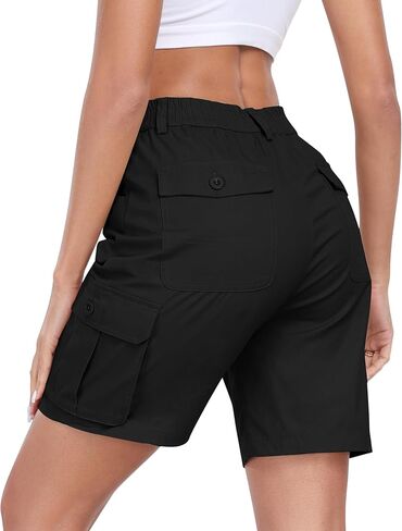 MoFiz Women's Cargo Shorts Bermuda Shorts Button Pockets Elastic Waist Knee Length Long Hiking Casual Shorts for Summer in Saudi Arabia