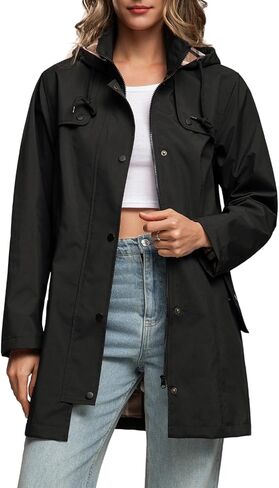 HZXVic Rain Jacket Women Waterproof Raincoat Lightweight Hooded Rain Coats For Women Trench Coats Long Lined Windbreaker in Kuwait