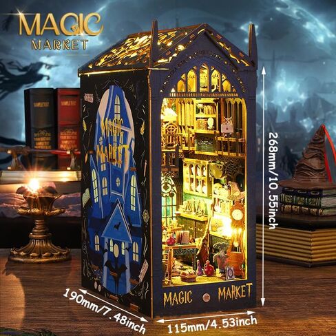 طقم مصغر لرف الكتب DIY لرف الكتب وحامل الكتب المزخرف مع لغز خشبي ثلاثي الأبعاد LED للبالغين طقم زاوية الكتب (سوق هولو السحري) in Kuwait