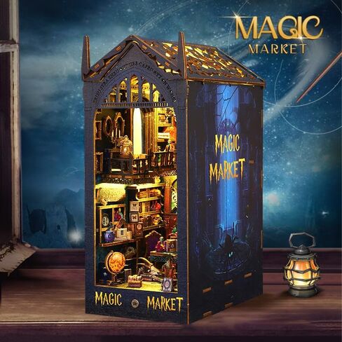 طقم مصغر لرف الكتب DIY لرف الكتب وحامل الكتب المزخرف مع لغز خشبي ثلاثي الأبعاد LED للبالغين طقم زاوية الكتب (سوق هولو السحري) in Kuwait