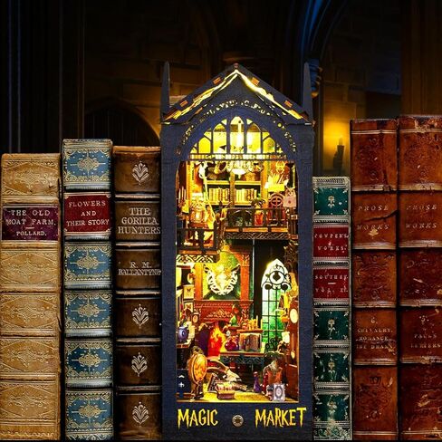 طقم مصغر لرف الكتب DIY لرف الكتب وحامل الكتب المزخرف مع لغز خشبي ثلاثي الأبعاد LED للبالغين طقم زاوية الكتب (سوق هولو السحري) in Kuwait