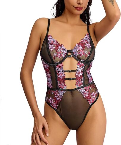 Sexy Lingerie for Women Hollow Out Floral Lace Bodysuit One Piece Lingerie Deep V Teddy Babydoll Underwear in Saudi Arabia