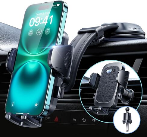 YRU [حامل هاتف السيارة الأكثر أمانًا وذراع قابل للانحناء 【شفط قابل للدوران 360 درجة ولا يحجب الرؤية أبدًا】 فتحة تهوية للزجاج الأمامي للهاتف المحمول لهاتف iPhone 17 Pro Max 16 15 Samsung، أسود in Kuwait