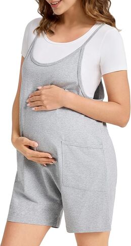 بذلة الأمومة القطنية القابلة للتعديل بشريط سباغيتي رومبير صيفي فضفاض غير رسمي بدون أكمام مع جيوب in Kuwait