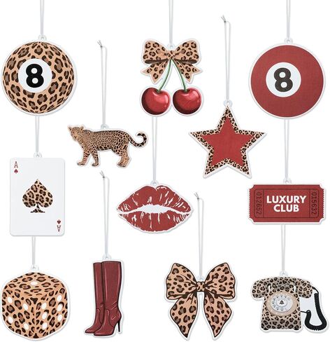 معطرات هواء السيارة العصرية ذات الفهد الأحمر - 12 قطعة من معطرات الجو الرجعية Preppy Cheetah Lucky 8 Ball Stars المعلقة للنساء، ديكور داخلي لتحديث الهواء لمرآة السيارة وهدايا عيد الميلاد المنزلية in Saudi Arabia