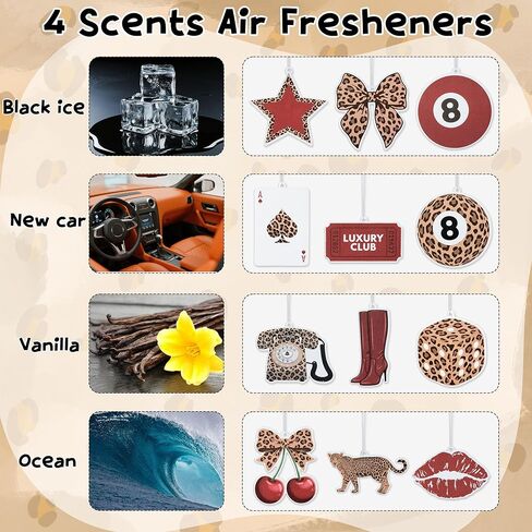 معطرات هواء السيارة العصرية ذات الفهد الأحمر - 12 قطعة من معطرات الجو الرجعية Preppy Cheetah Lucky 8 Ball Stars المعلقة للنساء، ديكور داخلي لتحديث الهواء لمرآة السيارة وهدايا عيد الميلاد المنزلية in Saudi Arabia