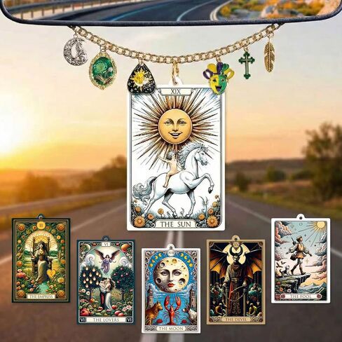 بطاقة التارو معطر هواء السيارة ملحقات مرآة الرؤية الخلفية، 6 قطع زينة معلقة بوهو ويتشي مع سلسلة ساحرة، ديكور جمالي للسيارة على شكل قمر الشمس، مجموعة ناشر ورق معطر للنساء والرجال in Kuwait