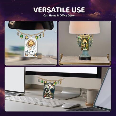 بطاقة التارو معطر هواء السيارة ملحقات مرآة الرؤية الخلفية، 6 قطع زينة معلقة بوهو ويتشي مع سلسلة ساحرة، ديكور جمالي للسيارة على شكل قمر الشمس، مجموعة ناشر ورق معطر للنساء والرجال in Kuwait