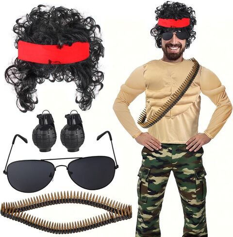 Kyson Halloween Muscle Shirt Costume Action Movie Star Accessories Set 7 Pcs Military Hero Costume Outfit for Men in Kuwait