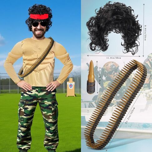 Kyson Halloween Muscle Shirt Costume Action Movie Star Accessories Set 7 Pcs Military Hero Costume Outfit for Men in Kuwait