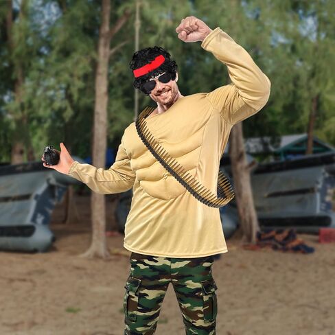 Kyson Halloween Muscle Shirt Costume Action Movie Star Accessories Set 7 Pcs Military Hero Costume Outfit for Men in Kuwait