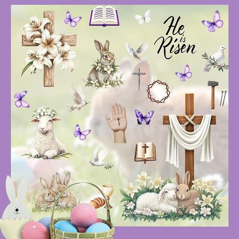 He is Risen Easter Window Clings, Religious Cross Bunny Rabbit Lamb Dove Lily Flower Stickers Decals Decor, Spring Christian Holiday Home Kitchen Decor in Kuwait