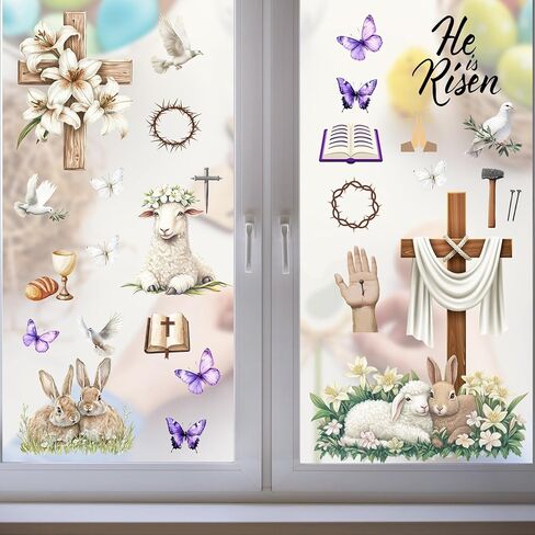 He is Risen Easter Window Clings, Religious Cross Bunny Rabbit Lamb Dove Lily Flower Stickers Decals Decor, Spring Christian Holiday Home Kitchen Decor in Kuwait