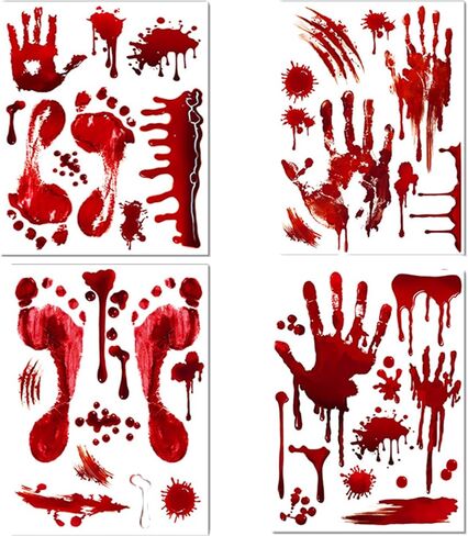 Halloween Window Clings Decorations - 4 Sheets Reusable Bloody Handprint and Footprint Stickers for Windows and Cars, Indoor/Outdoor Use, Scary Halloween Party Decor in Saudi Arabia