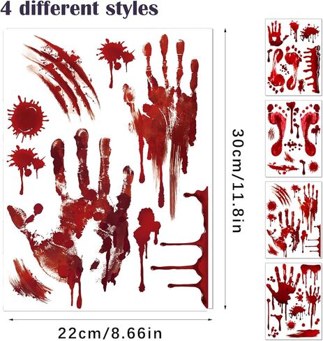 Halloween Window Clings Decorations - 4 Sheets Reusable Bloody Handprint and Footprint Stickers for Windows and Cars, Indoor/Outdoor Use, Scary Halloween Party Decor in Saudi Arabia