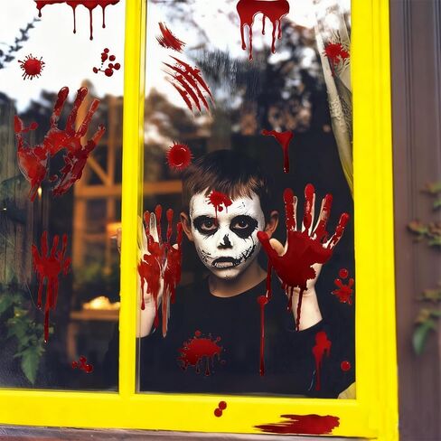 Halloween Window Clings Decorations - 4 Sheets Reusable Bloody Handprint and Footprint Stickers for Windows and Cars, Indoor/Outdoor Use, Scary Halloween Party Decor in Saudi Arabia