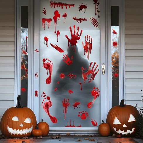Halloween Window Clings Decorations - 4 Sheets Reusable Bloody Handprint and Footprint Stickers for Windows and Cars, Indoor/Outdoor Use, Scary Halloween Party Decor in Saudi Arabia
