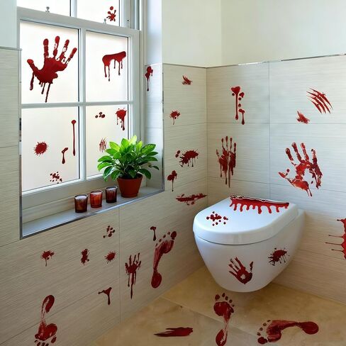Halloween Window Clings Decorations - 4 Sheets Reusable Bloody Handprint and Footprint Stickers for Windows and Cars, Indoor/Outdoor Use, Scary Halloween Party Decor in Saudi Arabia