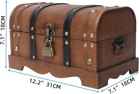 صندوق صندوق كنز خشبي عتيق من SwallowLiving مع قفل - صندوق تخزين مزخرف مقاس 12.2 × 7.1 × 7.1 بوصة للتذكارات والمجوهرات والهدايا ونمط صندوق القراصنة مع قفل مركب، بني in Kuwait