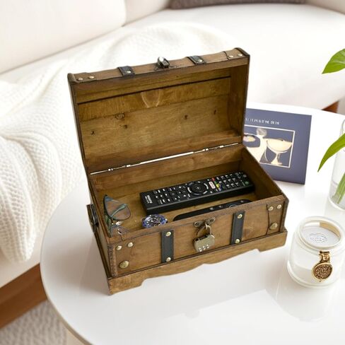 صندوق صندوق كنز خشبي عتيق من SwallowLiving مع قفل - صندوق تخزين مزخرف مقاس 12.2 × 7.1 × 7.1 بوصة للتذكارات والمجوهرات والهدايا ونمط صندوق القراصنة مع قفل مركب، بني in Kuwait