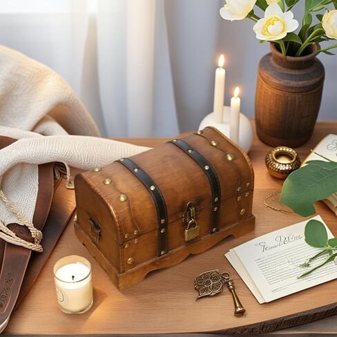 صندوق صندوق كنز خشبي عتيق من SwallowLiving مع قفل - صندوق تخزين مزخرف مقاس 12.2 × 7.1 × 7.1 بوصة للتذكارات والمجوهرات والهدايا ونمط صندوق القراصنة مع قفل مركب، بني in Kuwait